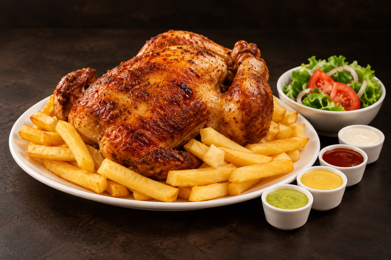 Pollo a la brasa con papas, ensalada y salsas